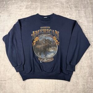 Vtg Nature Sweatshirt Mens XL Blue 80s North American Wilderness Moose Crewneck
